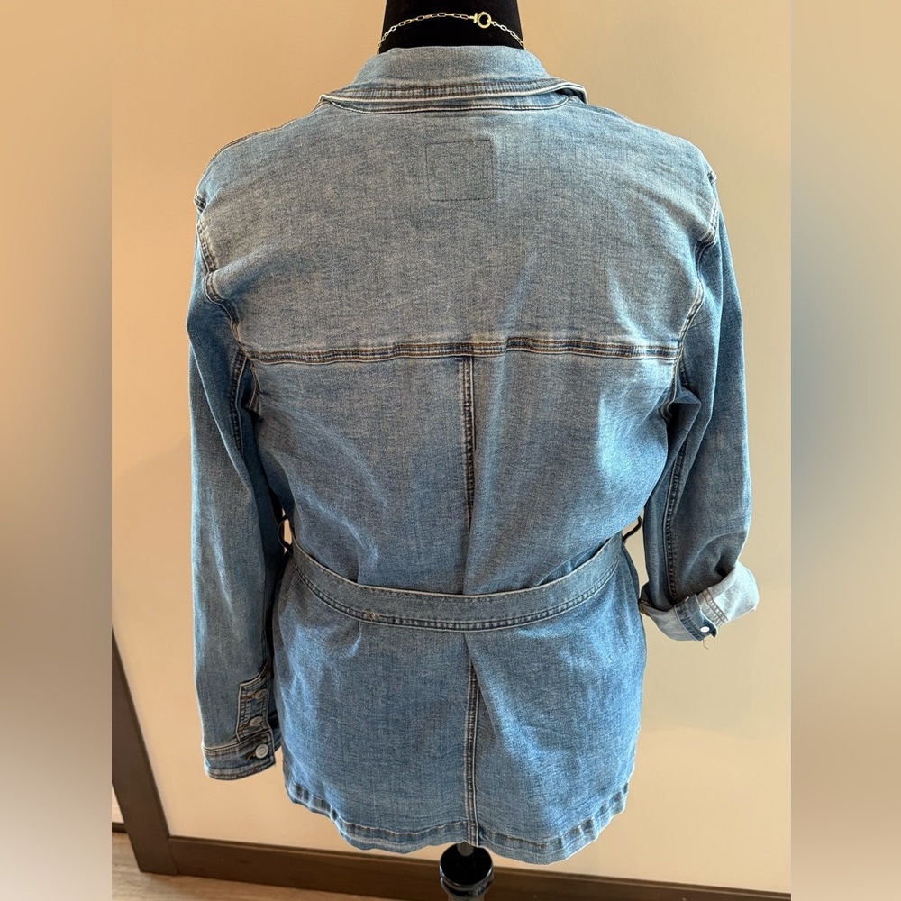 Maurices Medium Wash Button Up Belted Trench Denim Jacket - Picture 2 of 7